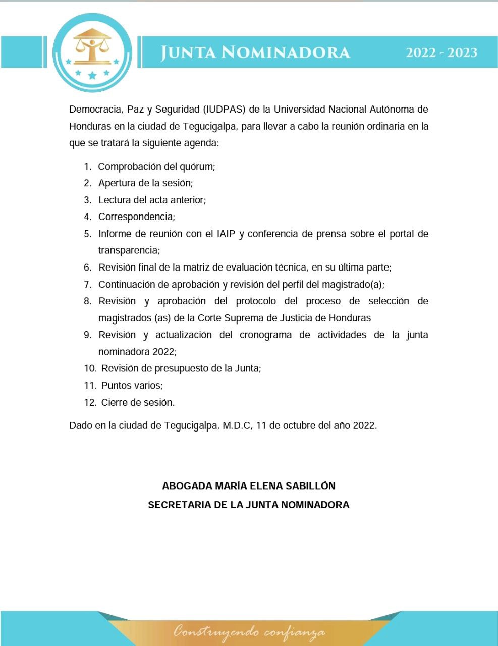 Convocatoria sesiones 11-14 de octubre 